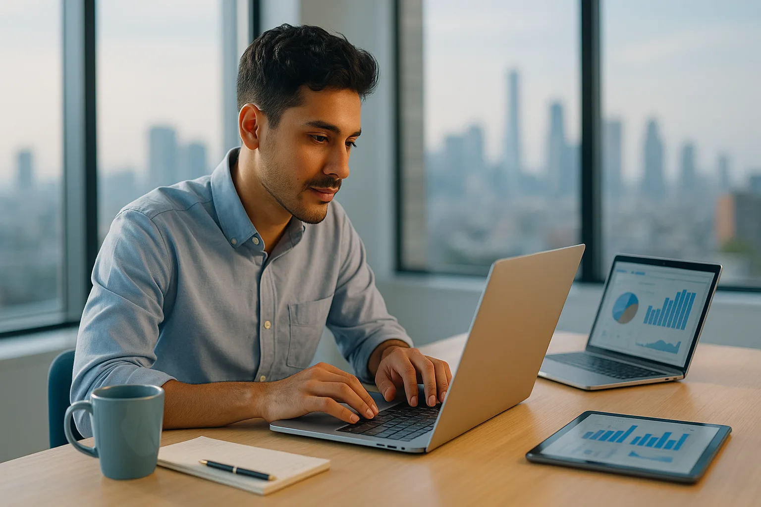 Profesional muda belajar melalui laptop di ruang kerja modern dengan latar kota global, melambangkan pembelajaran tanpa batas di FormacionCerem.com.